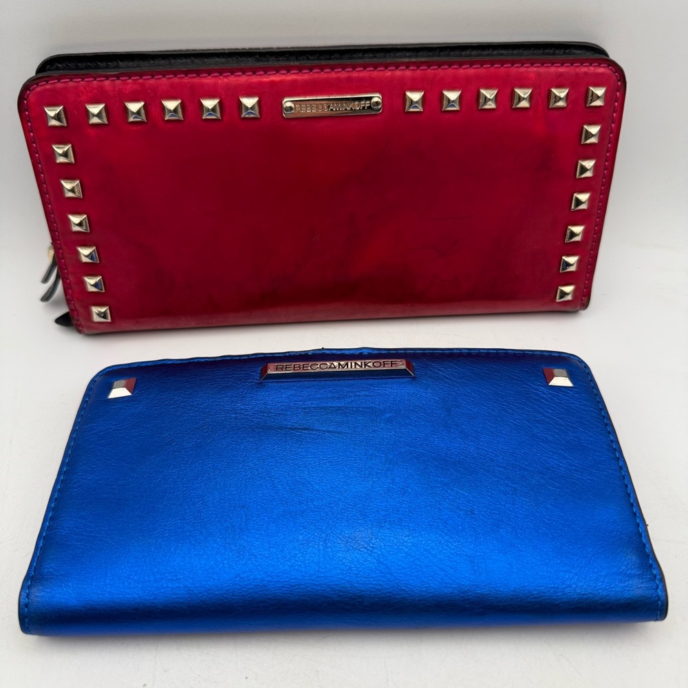 2 Rebecca Minkoff Blue Red Metallic Leather Stud Zip Around Credit Card Wallets